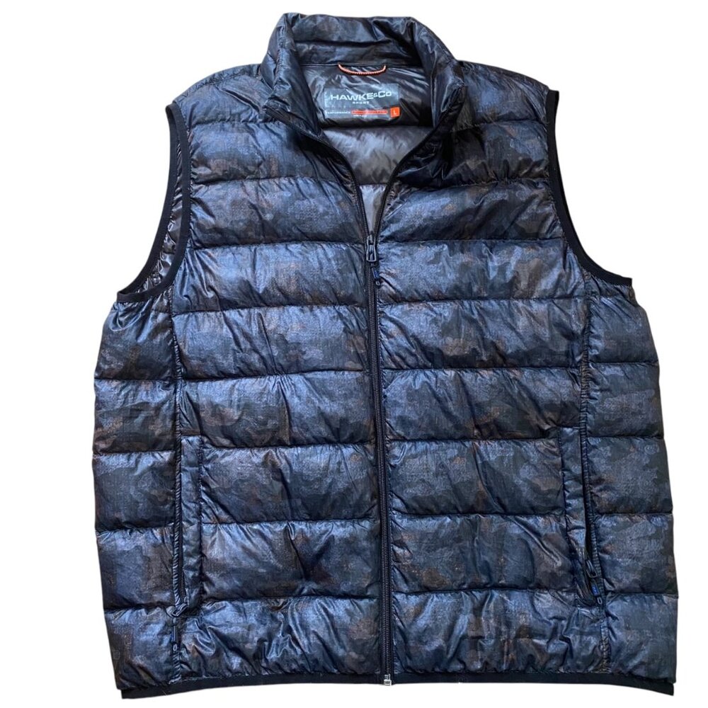 Hawke & Co Sport Puffer Vest Mens L‎ Black Camo Duck Down Feather Outdoors